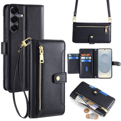 Étui portefeuille en cuir avec fermeture éclair et 2 sangles pour Samsung Galaxy S25 