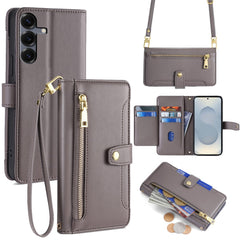 Étui portefeuille en cuir avec fermeture éclair et 2 sangles pour Samsung Galaxy S25 