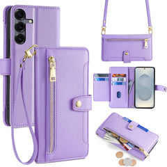 Étui portefeuille en cuir avec fermeture éclair et 2 sangles pour Samsung Galaxy S25 