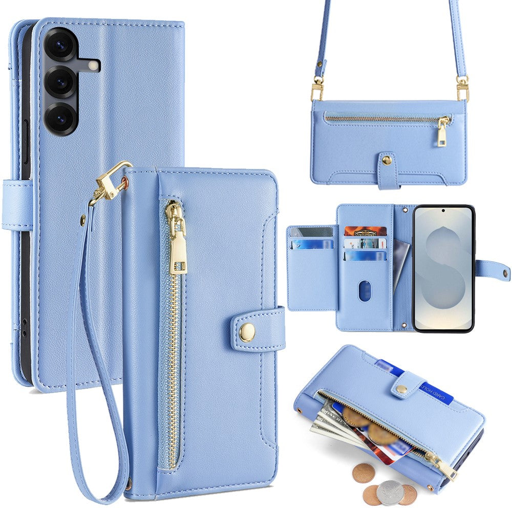 Étui portefeuille en cuir avec fermeture éclair et 2 sangles pour Samsung Galaxy S25 