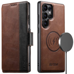 SUTENI Q-07 For Samsung Galaxy S23 Ultra Case Magnetic Color Splicing Cowhide Texture Leather Cover