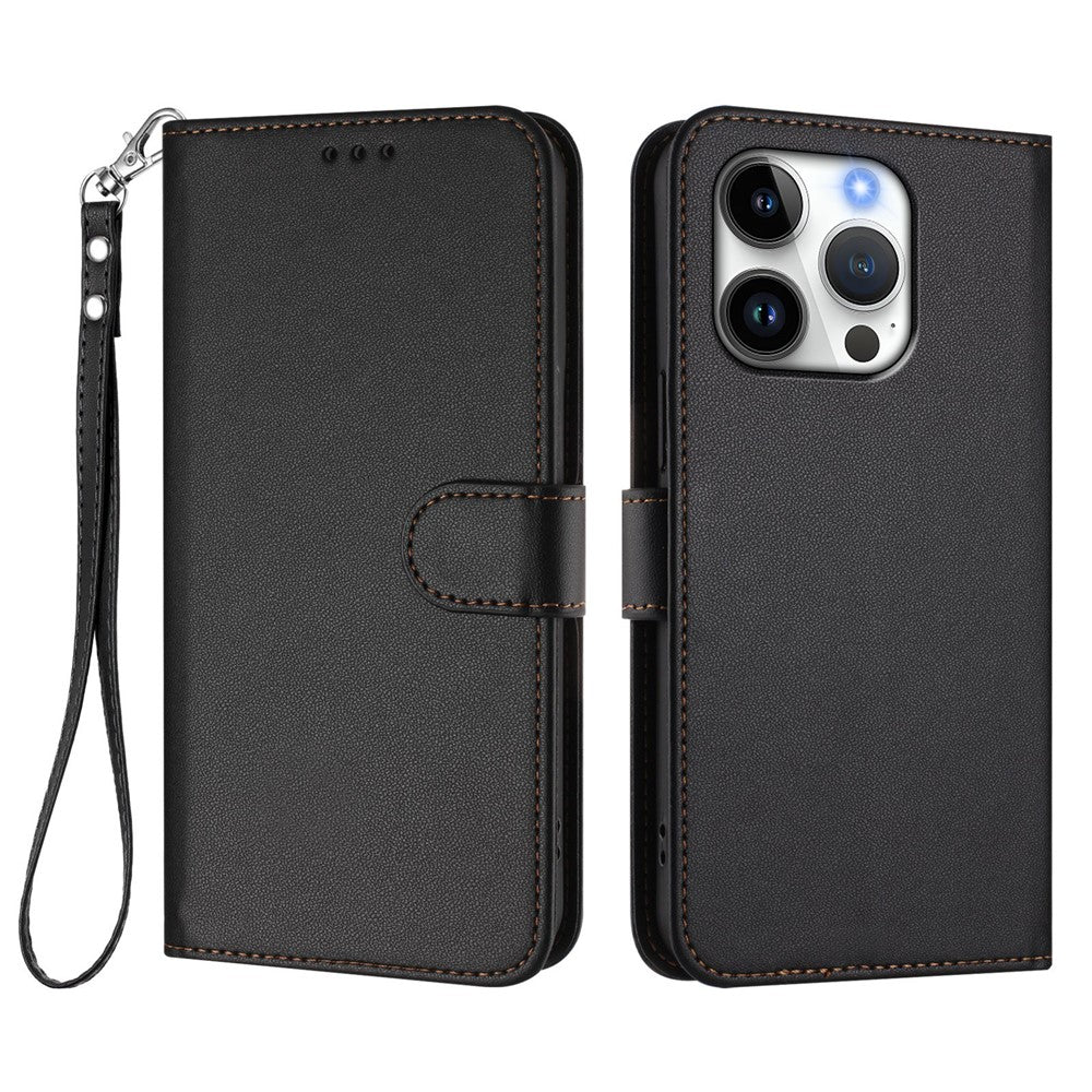 For iPhone 16 Pro Leather Case Wallet Stand Phone Cover with Wrist Strap