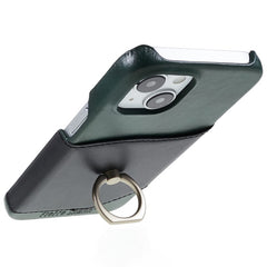FIERRE SHANN For iPhone 14 Plus Ring Kickstand Protective Case Genuine Leather+PU Leather+PC Anti-drop Phone Back Cover with Card Slo - TechGearPal