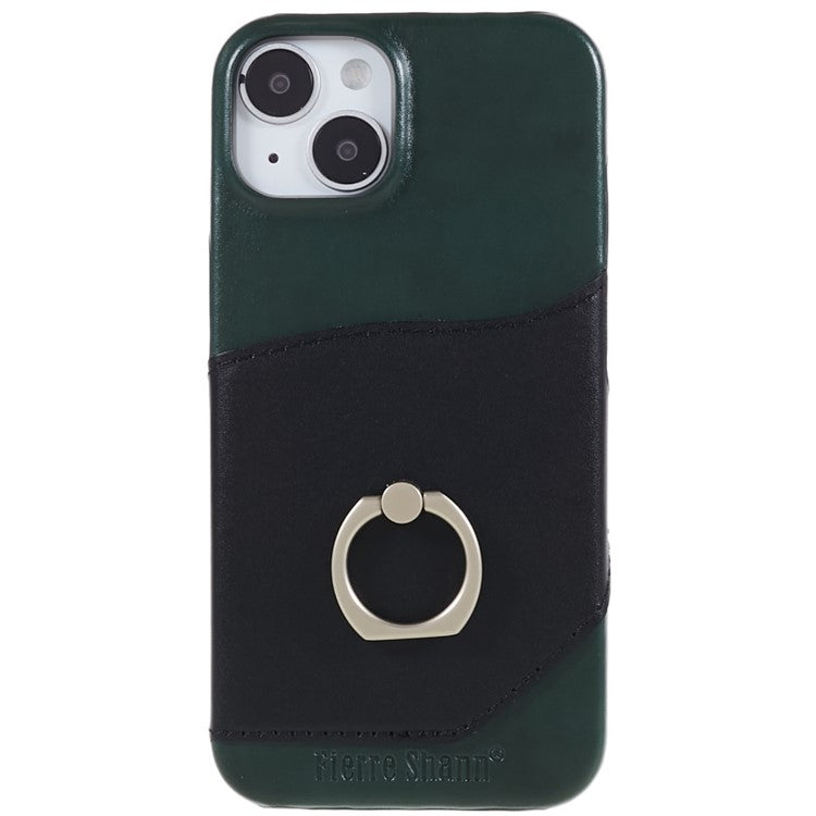 FIERRE SHANN For iPhone 14 Plus Ring Kickstand Protective Case Genuine Leather+PU Leather+PC Anti-drop Phone Back Cover with Card Slo - TechGearPal