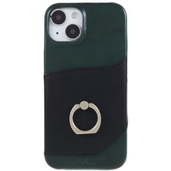 FIERRE SHANN For iPhone 14 Plus Ring Kickstand Protective Case Genuine Leather+PU Leather+PC Anti-drop Phone Back Cover with Card Slo - TechGearPal