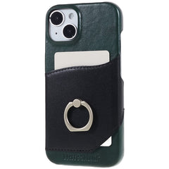 FIERRE SHANN For iPhone 14 Plus Ring Kickstand Protective Case Genuine Leather+PU Leather+PC Anti-drop Phone Back Cover with Card Slo - TechGearPal