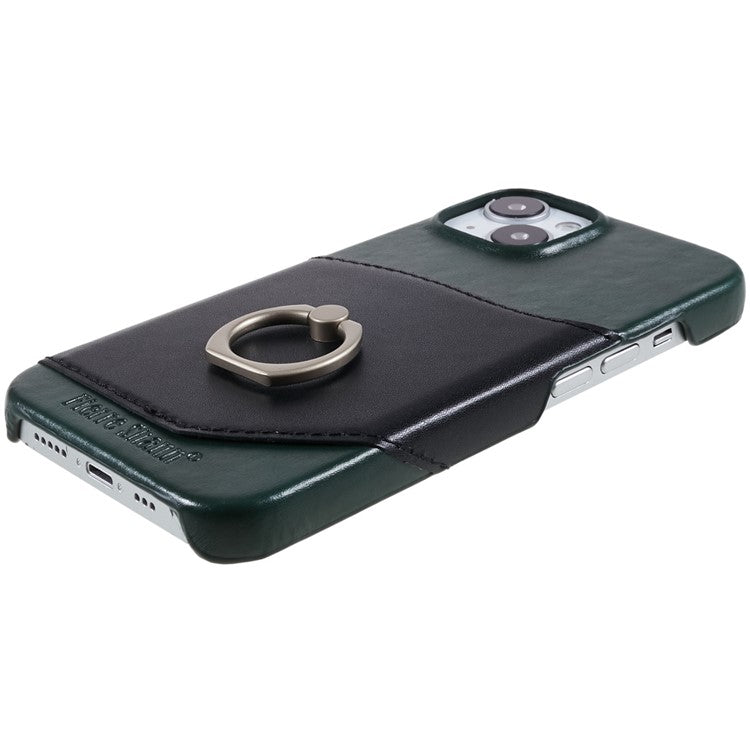 FIERRE SHANN For iPhone 14 Plus Ring Kickstand Protective Case Genuine Leather+PU Leather+PC Anti-drop Phone Back Cover with Card Slo - TechGearPal