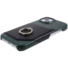 FIERRE SHANN For iPhone 14 Plus Ring Kickstand Protective Case Genuine Leather+PU Leather+PC Anti-drop Phone Back Cover with Card Slo - TechGearPal