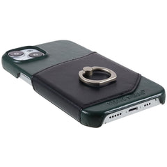 FIERRE SHANN For iPhone 14 Plus Ring Kickstand Protective Case Genuine Leather+PU Leather+PC Anti-drop Phone Back Cover with Card Slo - TechGearPal