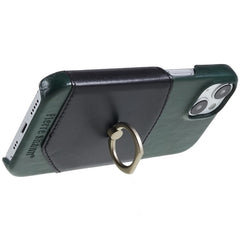 FIERRE SHANN For iPhone 14 Plus Ring Kickstand Protective Case Genuine Leather+PU Leather+PC Anti-drop Phone Back Cover with Card Slo - TechGearPal