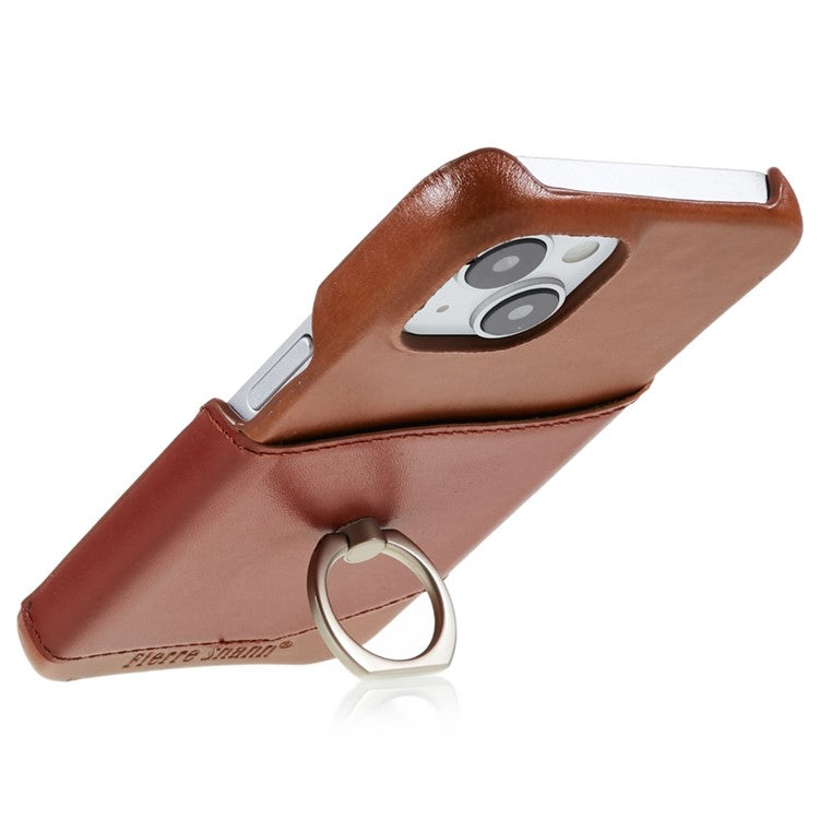 FIERRE SHANN For iPhone 14 Plus Ring Kickstand Protective Case Genuine Leather+PU Leather+PC Anti-drop Phone Back Cover with Card Slo - TechGearPal