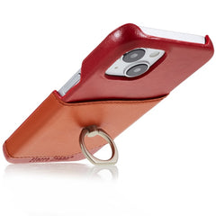 FIERRE SHANN For iPhone 14 Plus Ring Kickstand Protective Case Genuine Leather+PU Leather+PC Anti-drop Phone Back Cover with Card Slo - TechGearPal