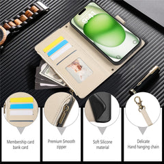 For iPhone 16 Case Multi Card Slots Zipper Leather Phone Cover with Wrist Strap