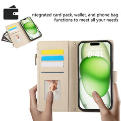 For iPhone 16 Case Multi Card Slots Zipper Leather Phone Cover with Wrist Strap