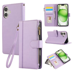 For iPhone 16 Case Multi Card Slots Zipper Leather Phone Cover with Wrist Strap