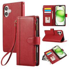 For iPhone 16 Case Multi Card Slots Zipper Leather Phone Cover with Wrist Strap