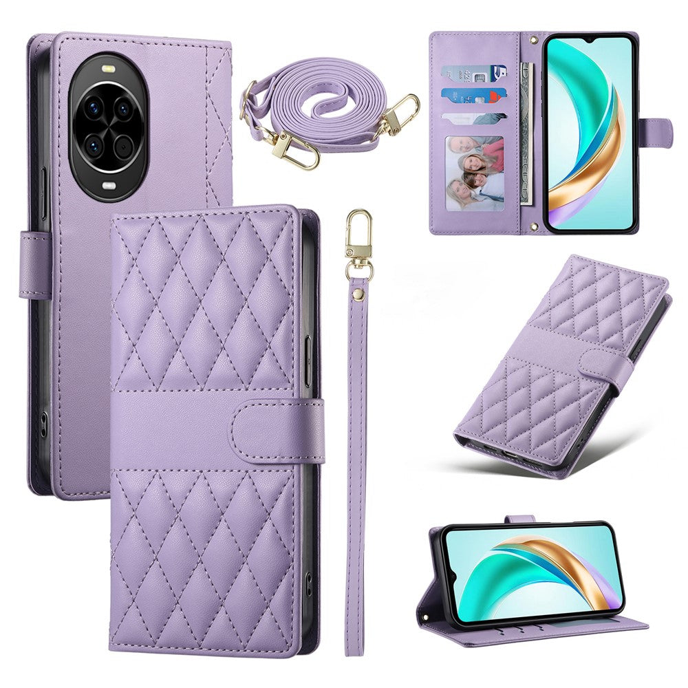 For Huawei nova 14 5G Case Rhombus Stitching Wallet Stand Leather Phone Cover with Long  /  Short Strap