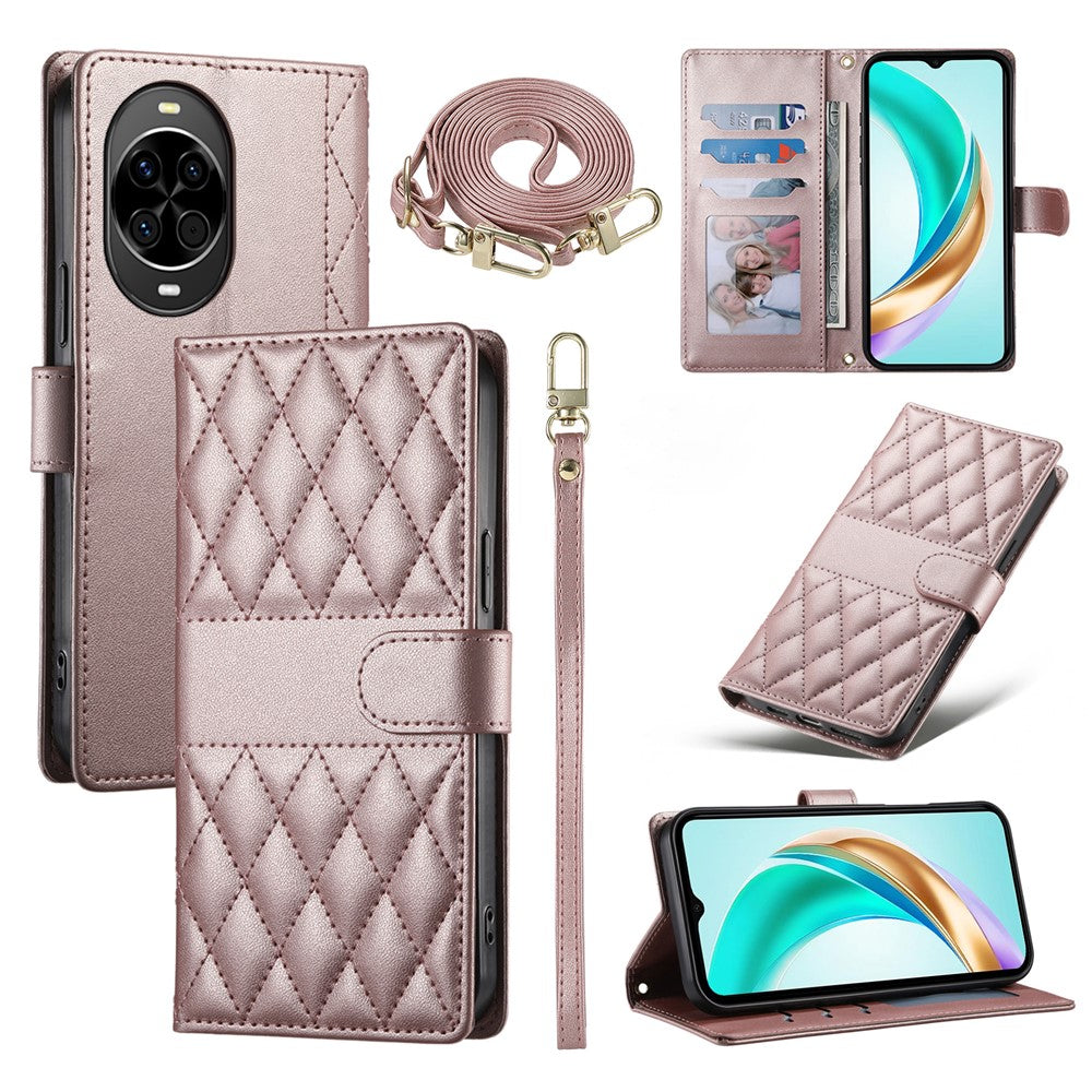 For Huawei nova 14 5G Case Rhombus Stitching Wallet Stand Leather Phone Cover with Long  /  Short Strap