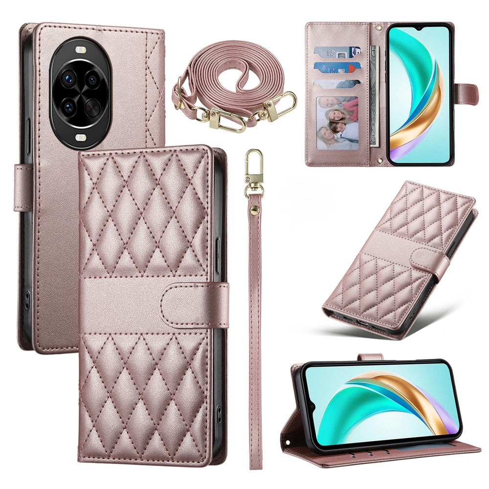 For Huawei nova 14 Pro 5G Case Rhombus Stitching Wallet Stand Leather Phone Cover with Long  /  Short Strap