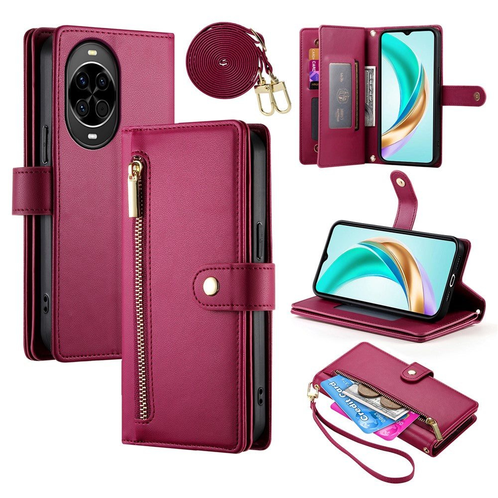 Étui portefeuille en cuir avec fermeture éclair et sangles pour Huawei Nova 14 5G 