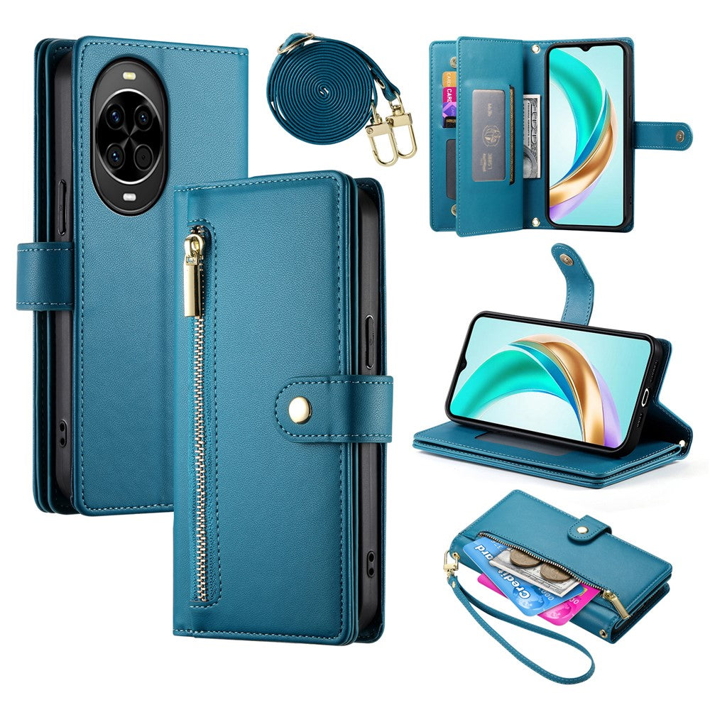 Étui portefeuille en cuir avec fermeture éclair et sangles pour Huawei Nova 14 5G 