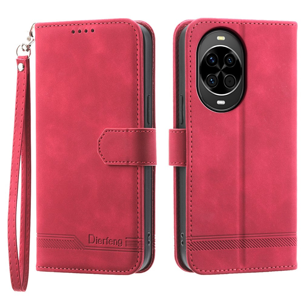 DIERFENG DF-03 For Huawei nova 14 5G Case Lines Imprint Wallet Leather Phone Cover with Wrist Strap