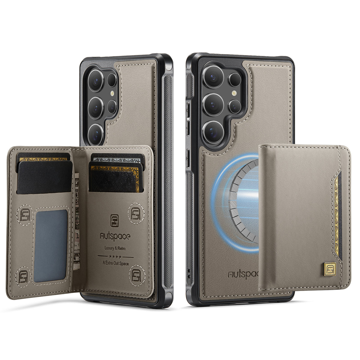 For Samsung Galaxy S25 Ultra Case AUTSPACE A13 Vintage Leather Back Cover with Magnetic Detachable Card Bag - TechGearPal