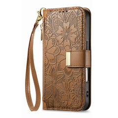 For iPhone 16 Case Floral Leaf Pattern Multi Card Slots Zipper Leather Phone Cover with Wrist Strap
