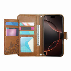 For iPhone 16 Case Floral Leaf Pattern Multi Card Slots Zipper Leather Phone Cover with Wrist Strap