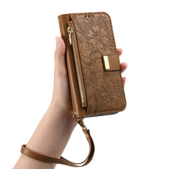 For iPhone 16 Case Floral Leaf Pattern Multi Card Slots Zipper Leather Phone Cover with Wrist Strap