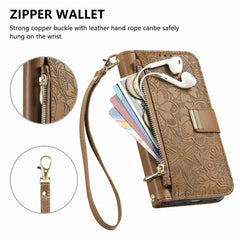 For iPhone 16 Case Floral Leaf Pattern Multi Card Slots Zipper Leather Phone Cover with Wrist Strap