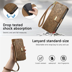 For iPhone 16 Case Floral Leaf Pattern Multi Card Slots Zipper Leather Phone Cover with Wrist Strap