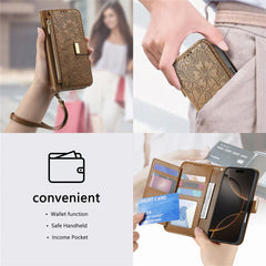 For iPhone 16 Case Floral Leaf Pattern Multi Card Slots Zipper Leather Phone Cover with Wrist Strap