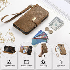 For iPhone 16 Case Floral Leaf Pattern Multi Card Slots Zipper Leather Phone Cover with Wrist Strap