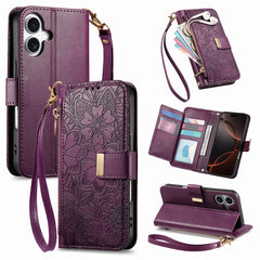 For iPhone 16 Case Floral Leaf Pattern Multi Card Slots Zipper Leather Phone Cover with Wrist Strap