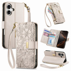 For iPhone 16 Case Floral Leaf Pattern Multi Card Slots Zipper Leather Phone Cover with Wrist Strap