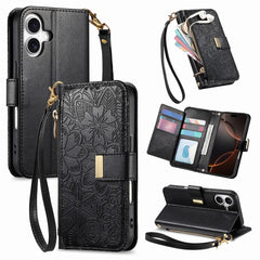 For iPhone 16 Case Floral Leaf Pattern Multi Card Slots Zipper Leather Phone Cover with Wrist Strap