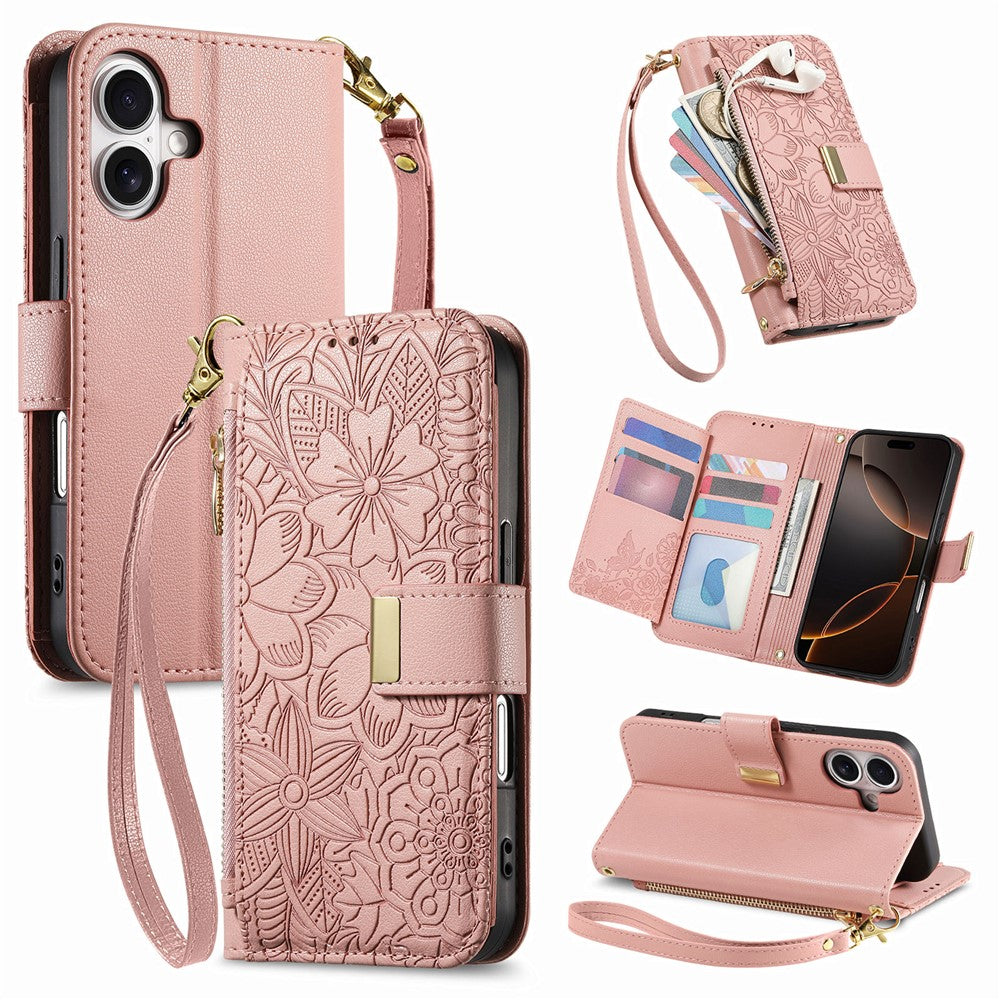 For iPhone 16 Case Floral Leaf Pattern Multi Card Slots Zipper Leather Phone Cover with Wrist Strap