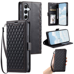 Étui portefeuille en cuir à texture losange pour Samsung Galaxy S25 FE avec dragonne 