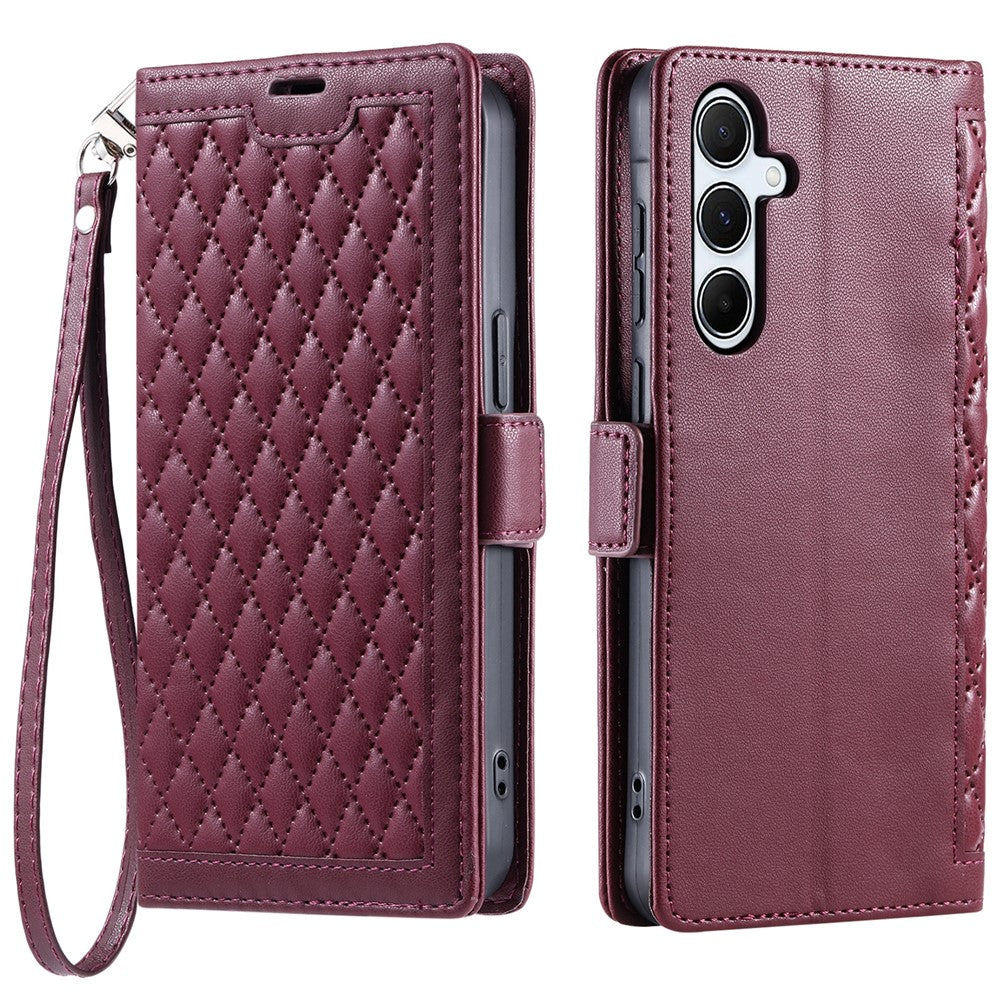 Étui portefeuille en cuir à texture losange pour Samsung Galaxy S25 FE avec dragonne 
