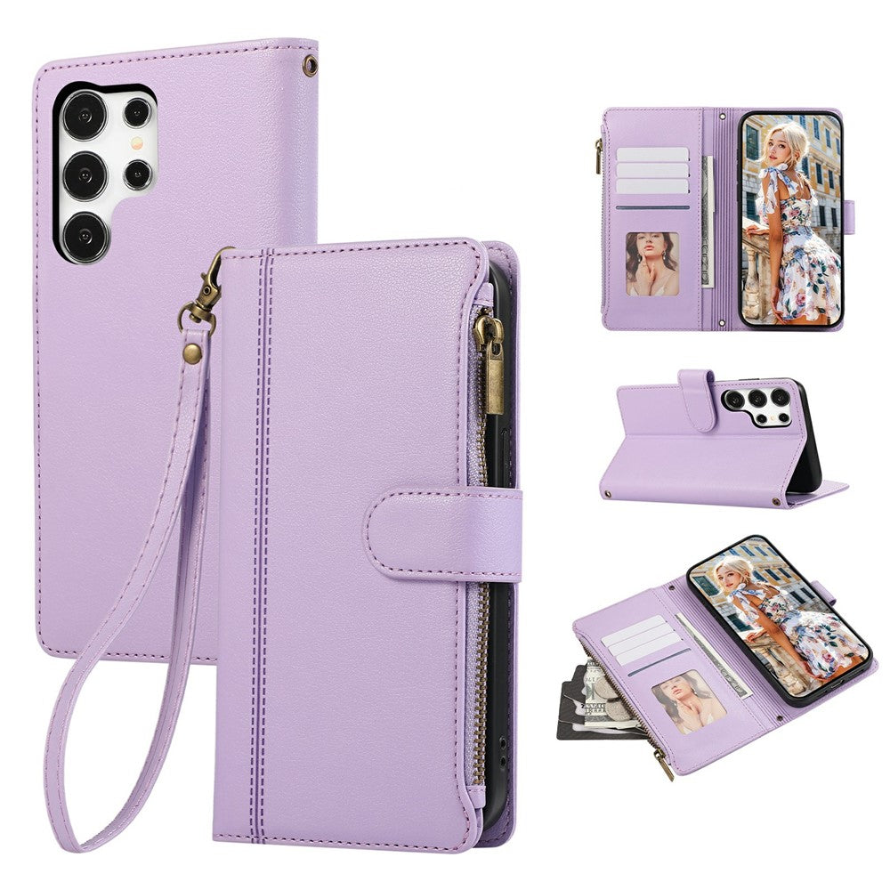 Für Samsung Galaxy S24 Ultra Hülle Multi Card Slots Reißverschluss Leder Telefonabdeckung mit Handschlaufe 