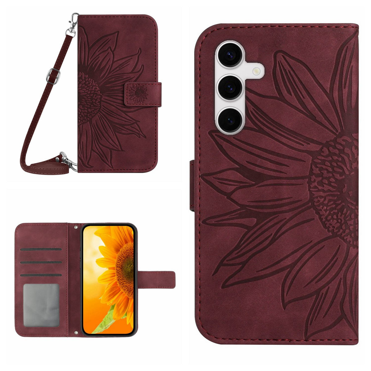 For Samsung Galaxy S25 FE Wallet Case Sunflower Imprinted  PU Leather Phone Stand Cover with Shoulder Strap - TechGearPal