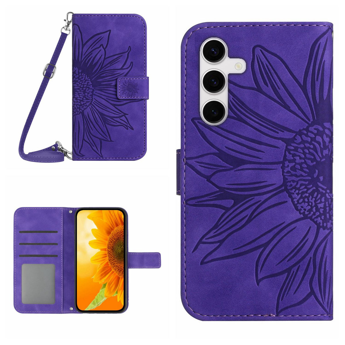 Étui portefeuille en cuir PU imprimé tournesol pour Samsung Galaxy S25 FE, avec bandoulière 