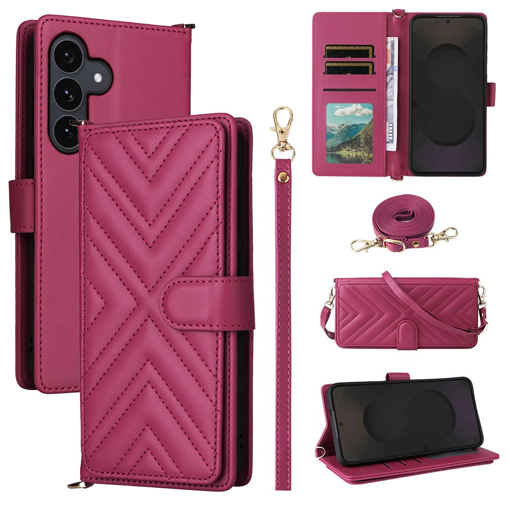 Für Samsung Galaxy S25 FE Hülle mit Schulter-/Handschlaufe Leder Handyhülle Stand Wallet 