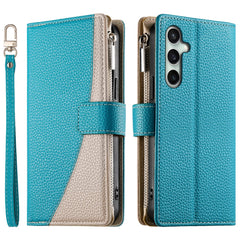 For Samsung Galaxy S25 FE Case Zipper Wallet Color Splicing Leather Flip Phone Cover with Straps