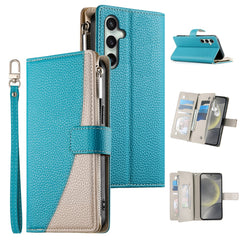 For Samsung Galaxy S25 FE Case Zipper Wallet Color Splicing Leather Flip Phone Cover with Straps