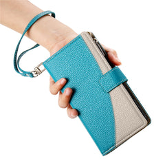 For Samsung Galaxy S25 FE Case Zipper Wallet Color Splicing Leather Flip Phone Cover with Straps