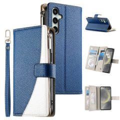 For Samsung Galaxy S25 FE Case Zipper Wallet Color Splicing Leather Flip Phone Cover with Straps