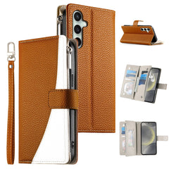For Samsung Galaxy S25 FE Case Zipper Wallet Color Splicing Leather Flip Phone Cover with Straps