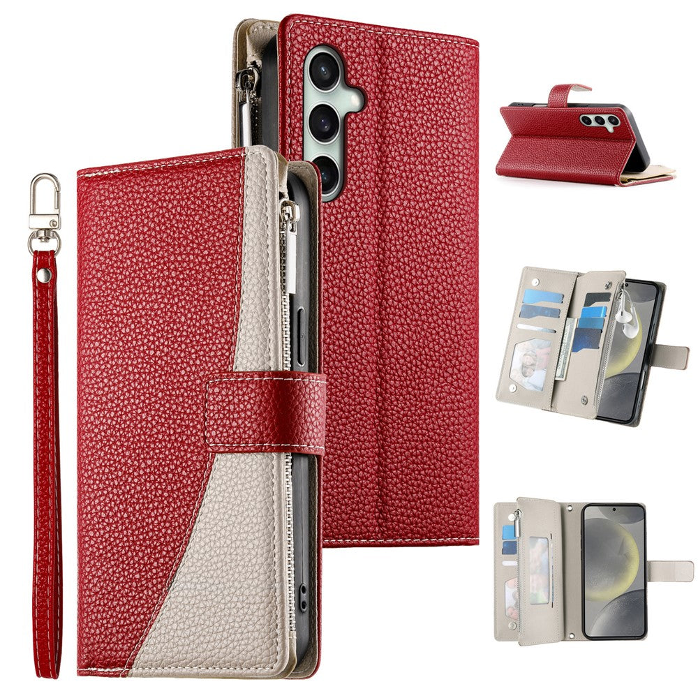 For Samsung Galaxy S25 FE Case Zipper Wallet Color Splicing Leather Flip Phone Cover with Straps